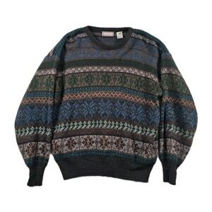 Vintage Lazarus Sweater Mens Medium Green Fair Isle Knit Wool Blend Fisherman